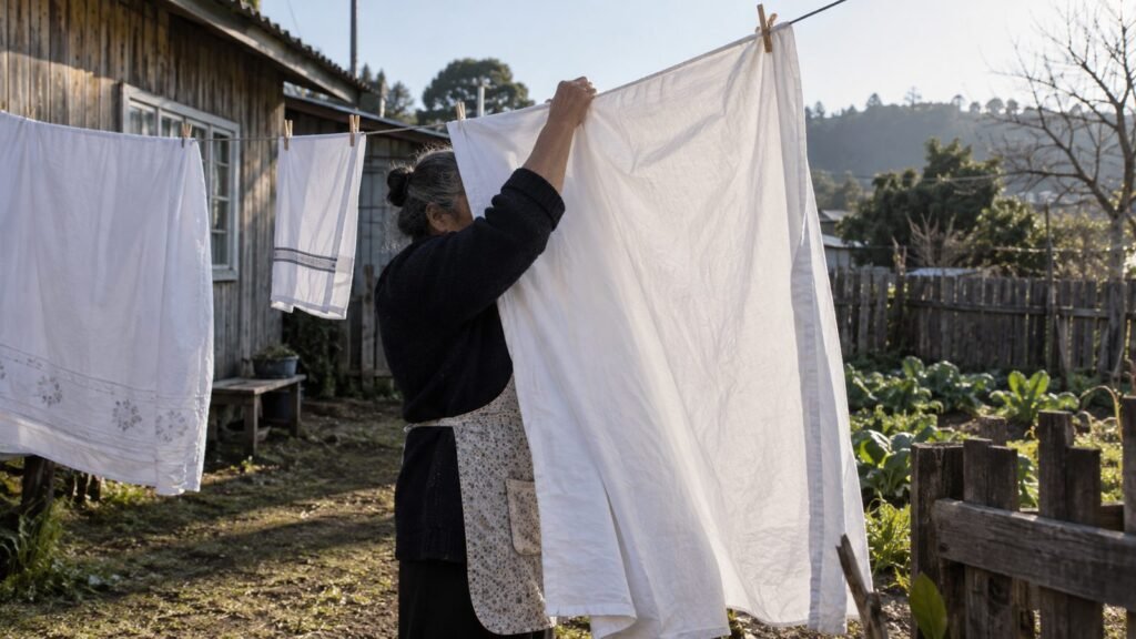 Empregada doméstica de avental estendendo lençóis no varal do quintal de uma casa de madeira no interior do Paraná