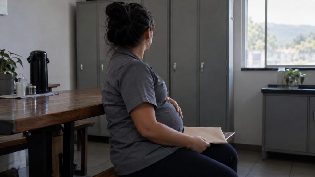 Trabalhadora grávida de uniforme sentada na copa dos funcionários, com a mão na barriga e um envelope pardo no colo