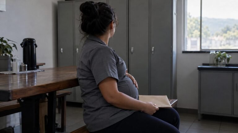 Trabalhadora grávida de uniforme sentada na copa dos funcionários, com a mão na barriga e um envelope pardo no colo