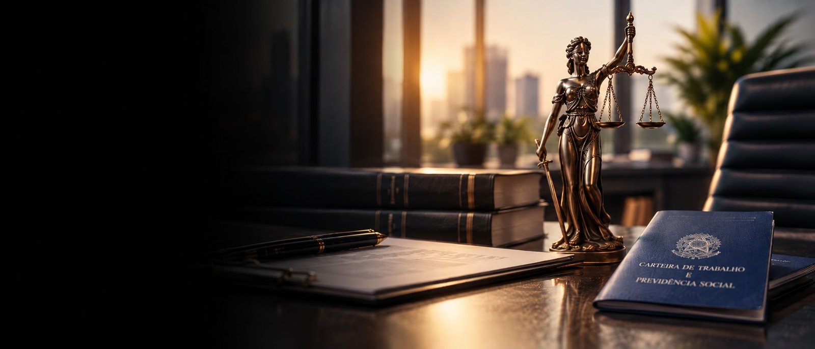 Estátua da Justiça e Carteira de Trabalho sobre a mesa, atendimento sobre verbas rescisórias em União da Vitória, PR