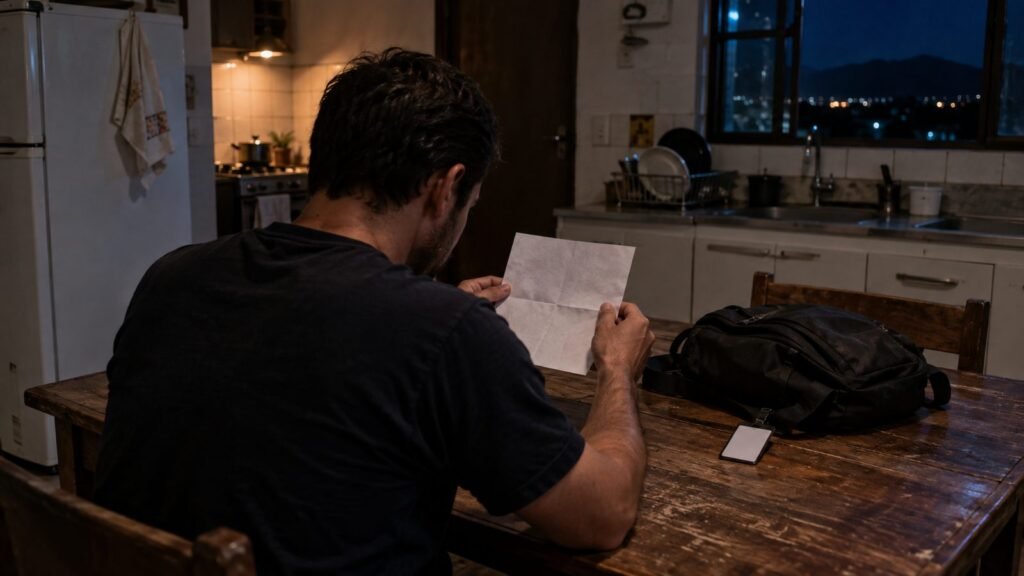 Trabalhador sentado à mesa da cozinha à noite relendo uma folha dobrada, com a mochila de trabalho ao lado, depois de uma demissão por justa causa