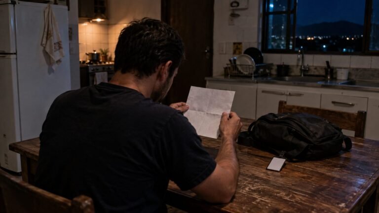 Trabalhador sentado à mesa da cozinha à noite relendo uma folha dobrada, com a mochila de trabalho ao lado, depois de uma demissão por justa causa